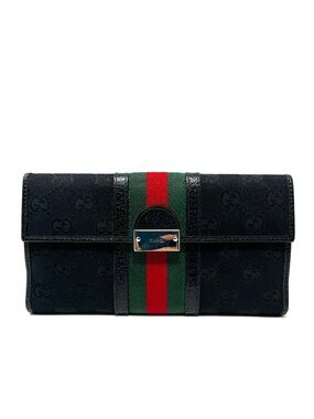 Authentic Gucci Black GG Logo Monogram Canvas Leather Long Bifold Card Wallet